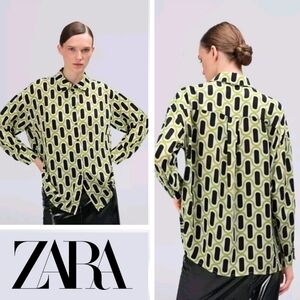 NEW ZARA Womens Geometric Print Shirt Blouse Top Long-Sleeve Multicolored Size M